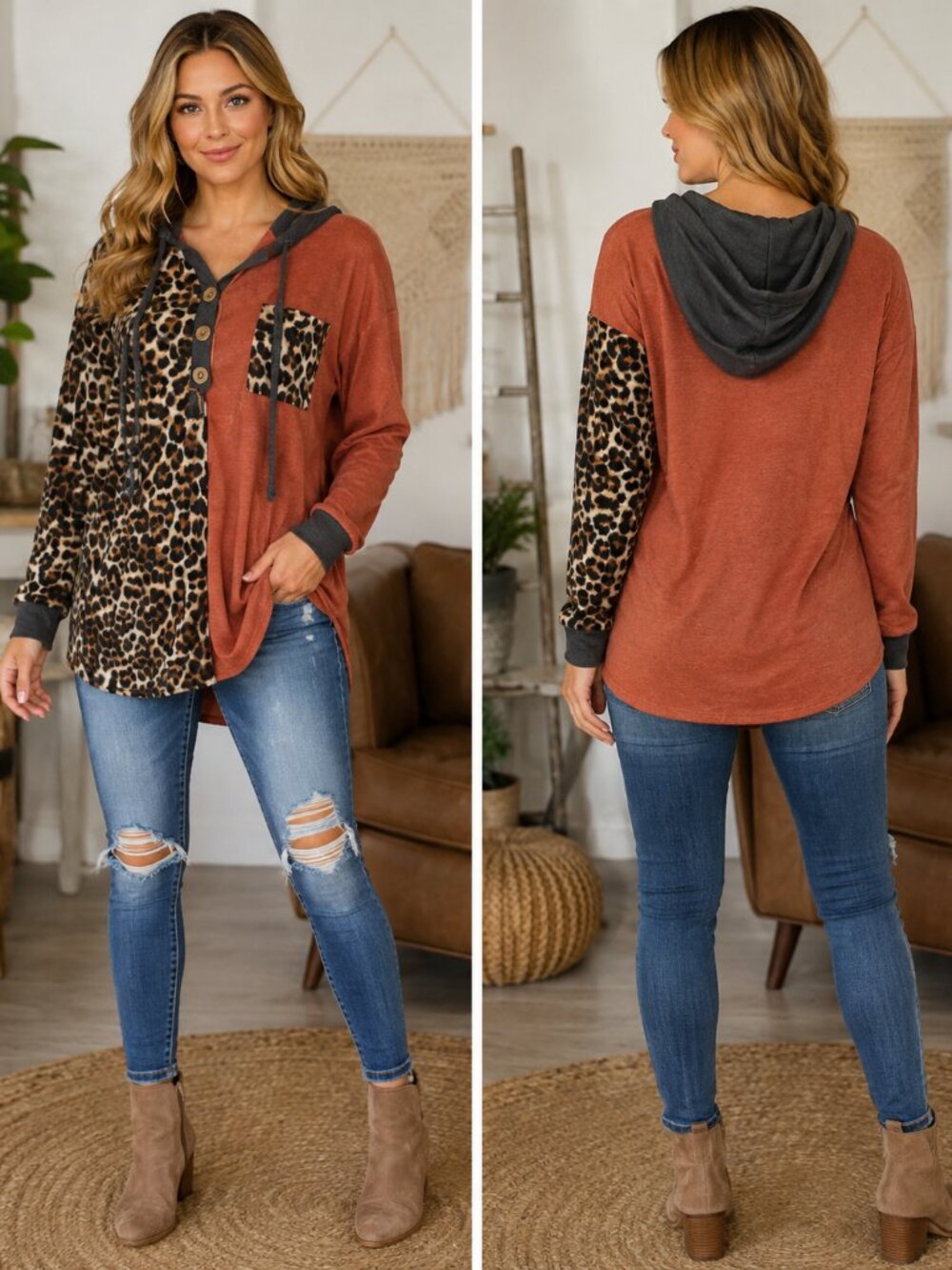 7th Ray Leopard Colorblock Hoodie Small Brushed Knit Pullover Boho